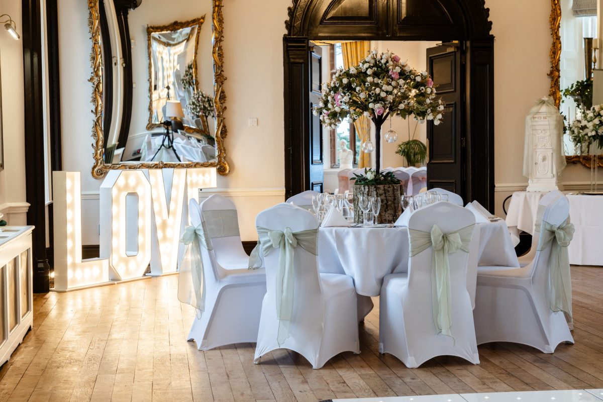 The Great Hall set for a wedding
